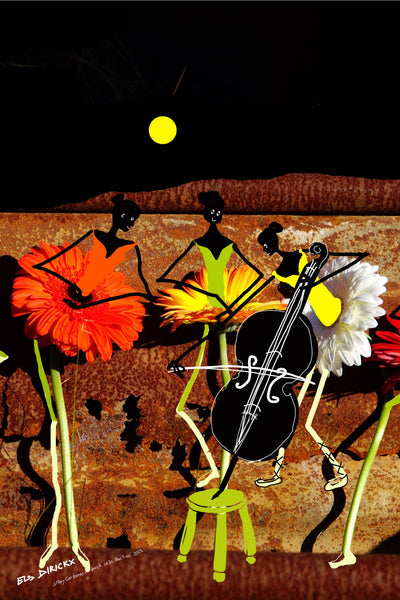 Jittery Gerberas Outback Cello Practice. Australian original art print.