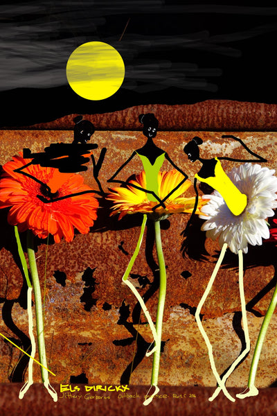 Jittery Gerberas Outback Practice . Part C. (With Clouds and Moon.) AR 4x6  Australian original art print.