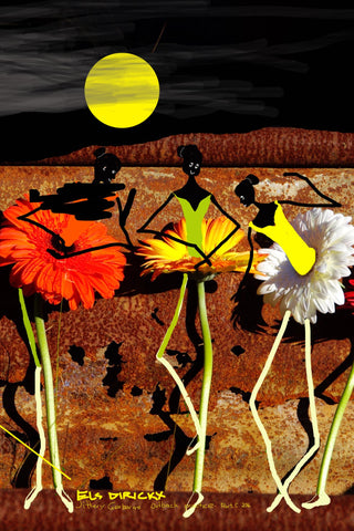 Jittery Gerberas Outback Practice . Part C. (With Clouds and Moon.) AR 4x6  Australian original art print.