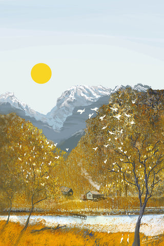 Mountain Retreat at Moonrise. Australian original art print.