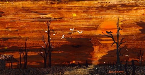 Outback sunset with shed  AR 2x1 . Australian original art print.