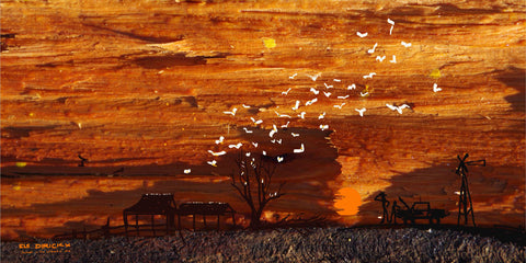 Sunset in the  Outback 2 with car & barn. AR 2x1 . Australian original art print.