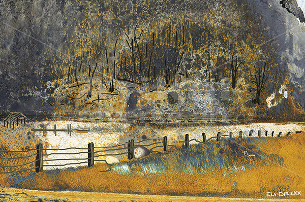 Bushfire at the wetlands.  Australian original art print.