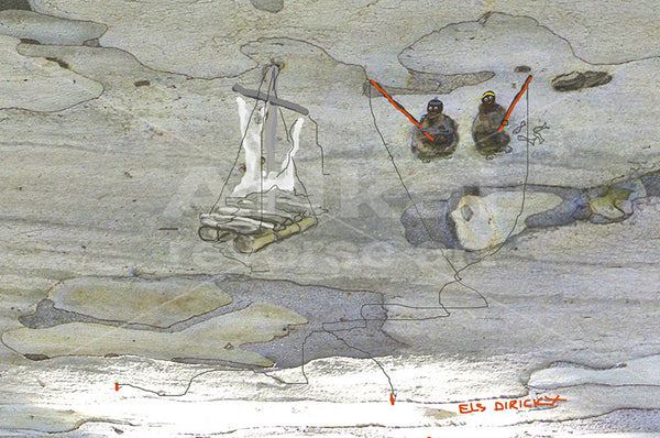 Stranded fisherman with tangled fishing lines. Australian original art print.