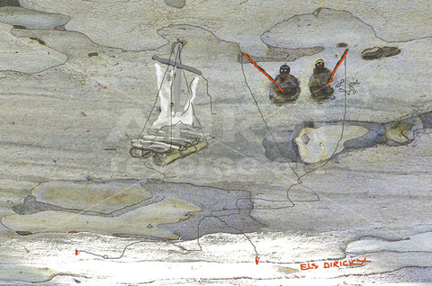 Stranded fisherman with tangled fishing lines. Australian original art print.