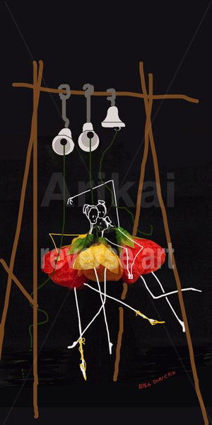 The dance of the Tangled Bell Ringers .  Australian original art print.