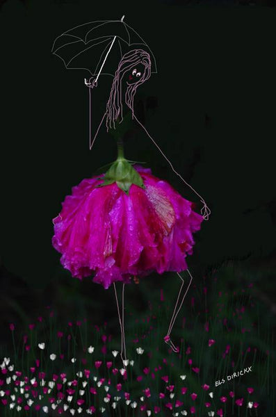 Tip toeing  through the tulips. Umbrella up. Australian original art print.