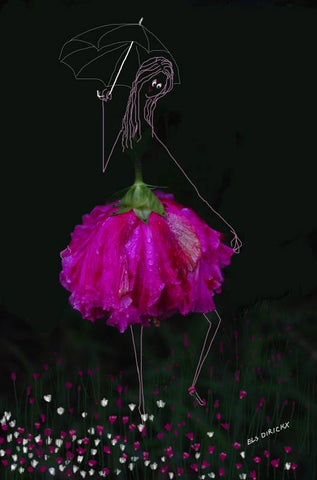 Tip toeing  through the tulips. Umbrella up. Australian original art print.